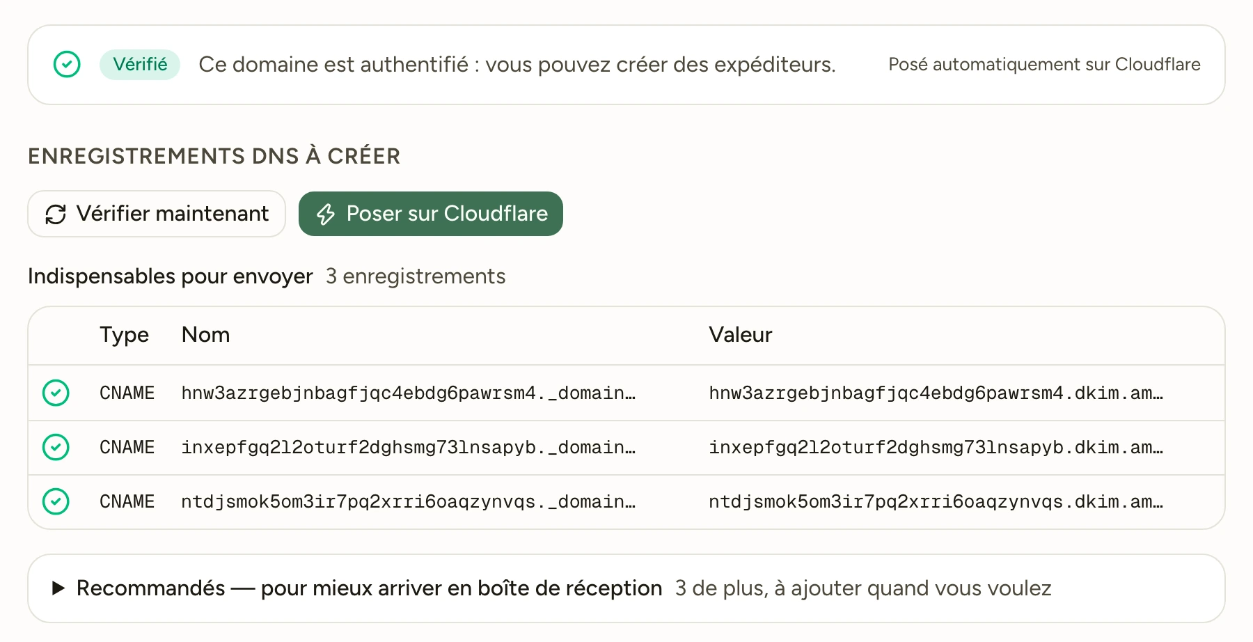 La page Domaines d'envoi